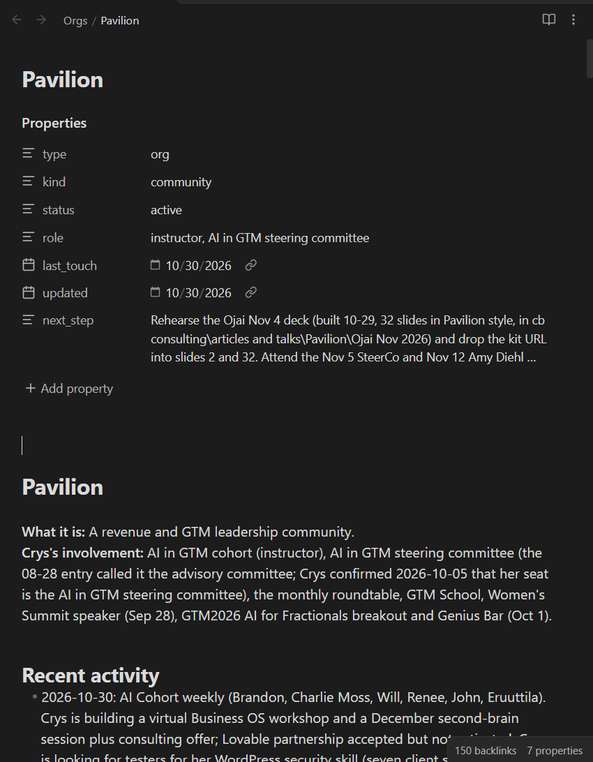 Crys's Pavilion page in Obsidian, showing account properties and Recent activity